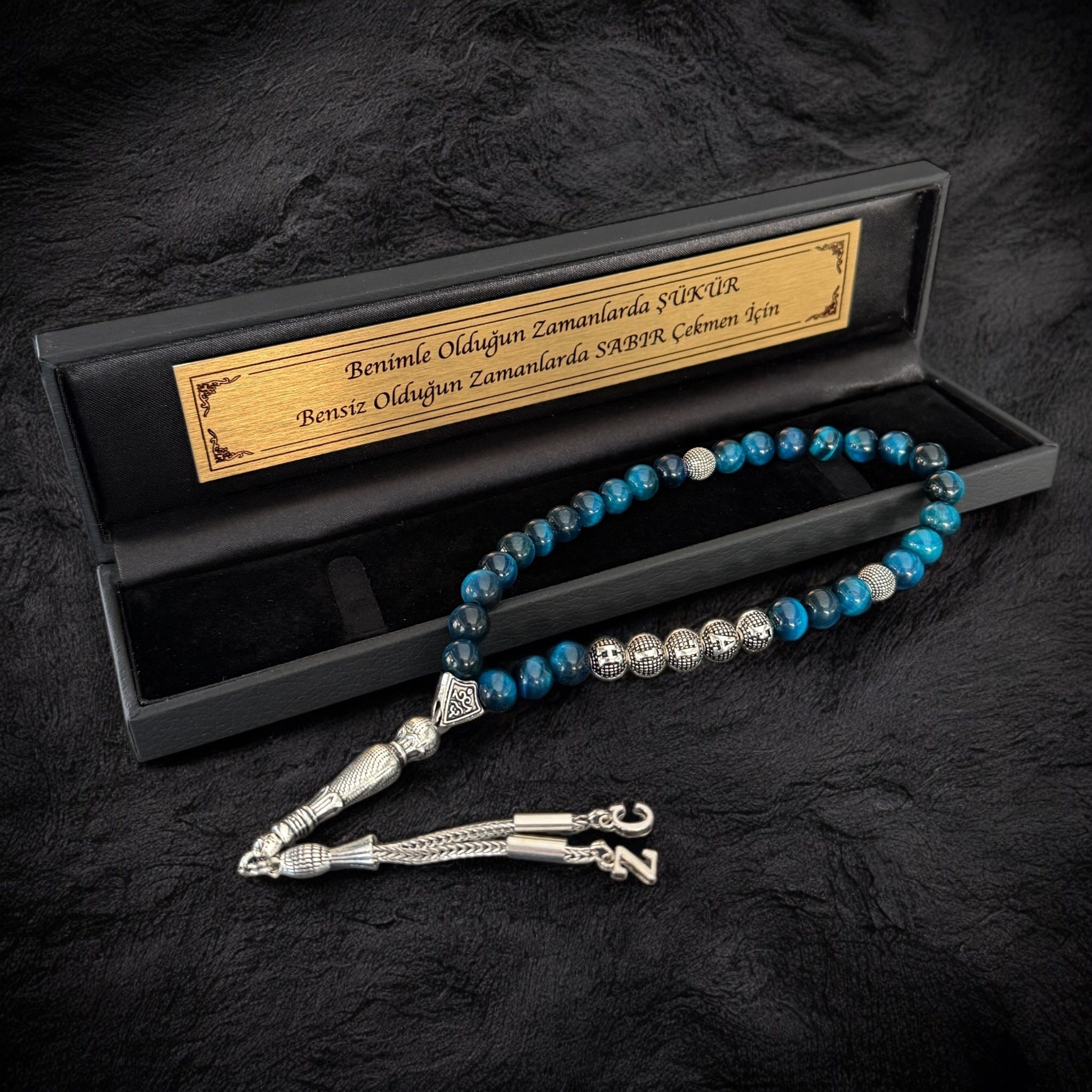 Tesbih mit Namen Black OLD Box Tigerauge BLAU mit Wunschtext