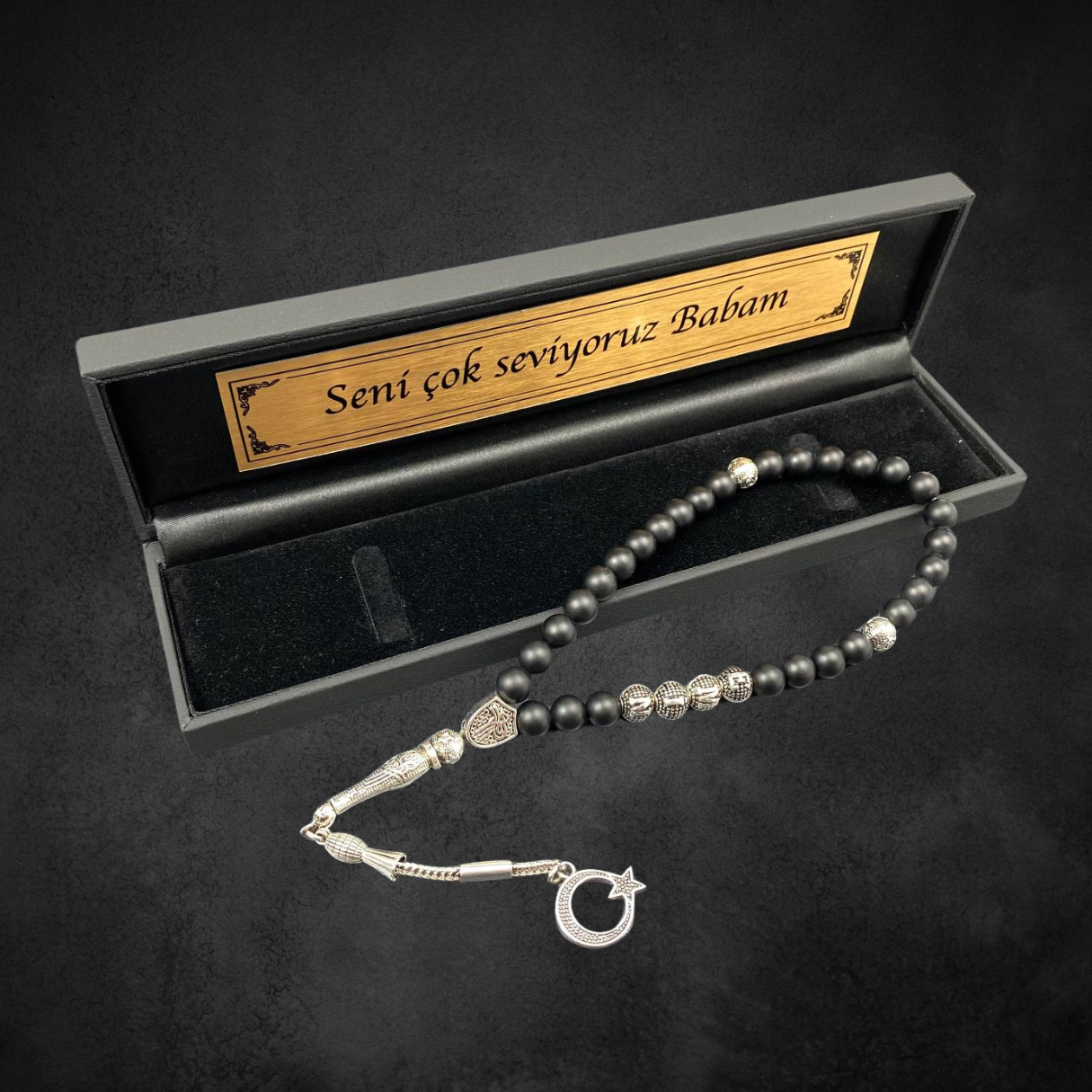 Tesbih mit Namen und Geschenkbox personalisiert mit einem Wunschtext Geschenk etui islamische geschenke perlenkette männerschmuck Kehribar tesbih Feuerzug mit Namen personalisiert