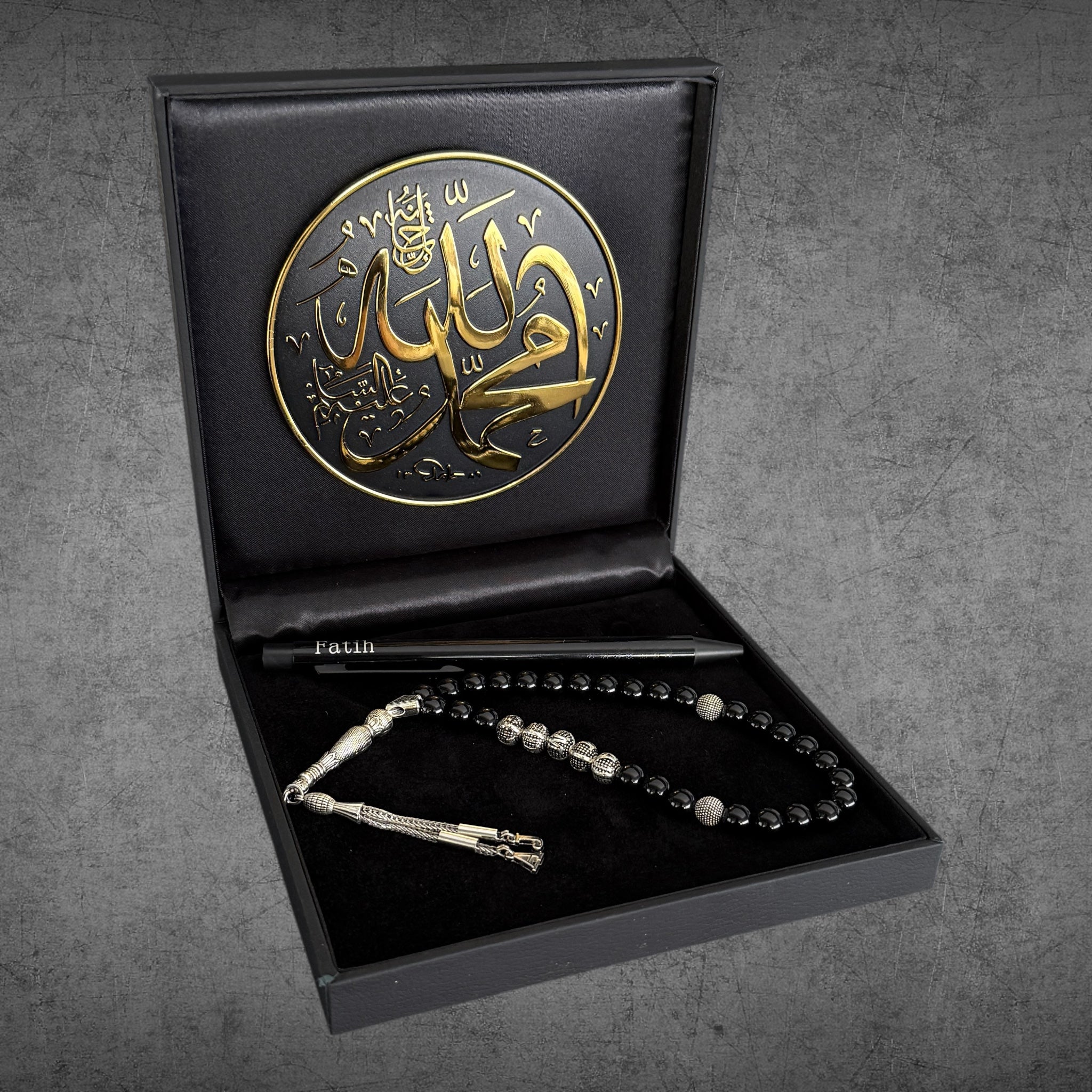 Tesbih mit Namen Allah cc / Hz. Muhammed s.a.v Logo Black 4eckig Geschenkset