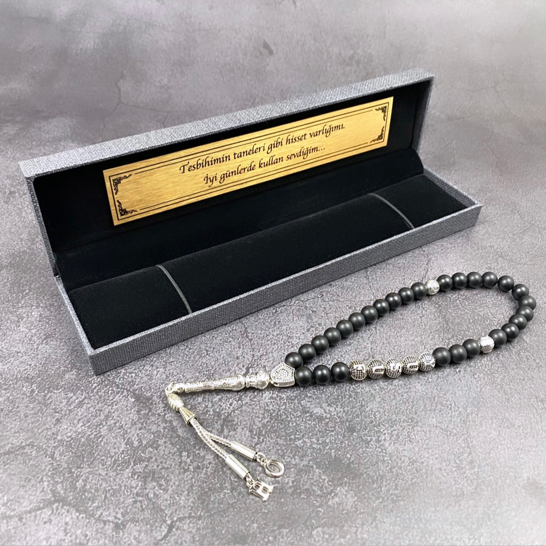 Tesbih mit Namen Anthrazit Struktur Box personalisiert