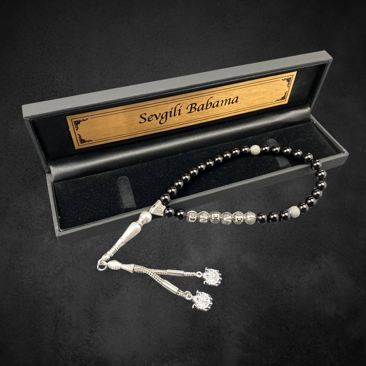 Tesbih mit Namen und Geschenkbox personalisiert mit einem Wunschtext Geschenk etui islamische geschenke perlenkette männerschmuck Kehribar tesbih Feuerzug mit Namen personalisiert