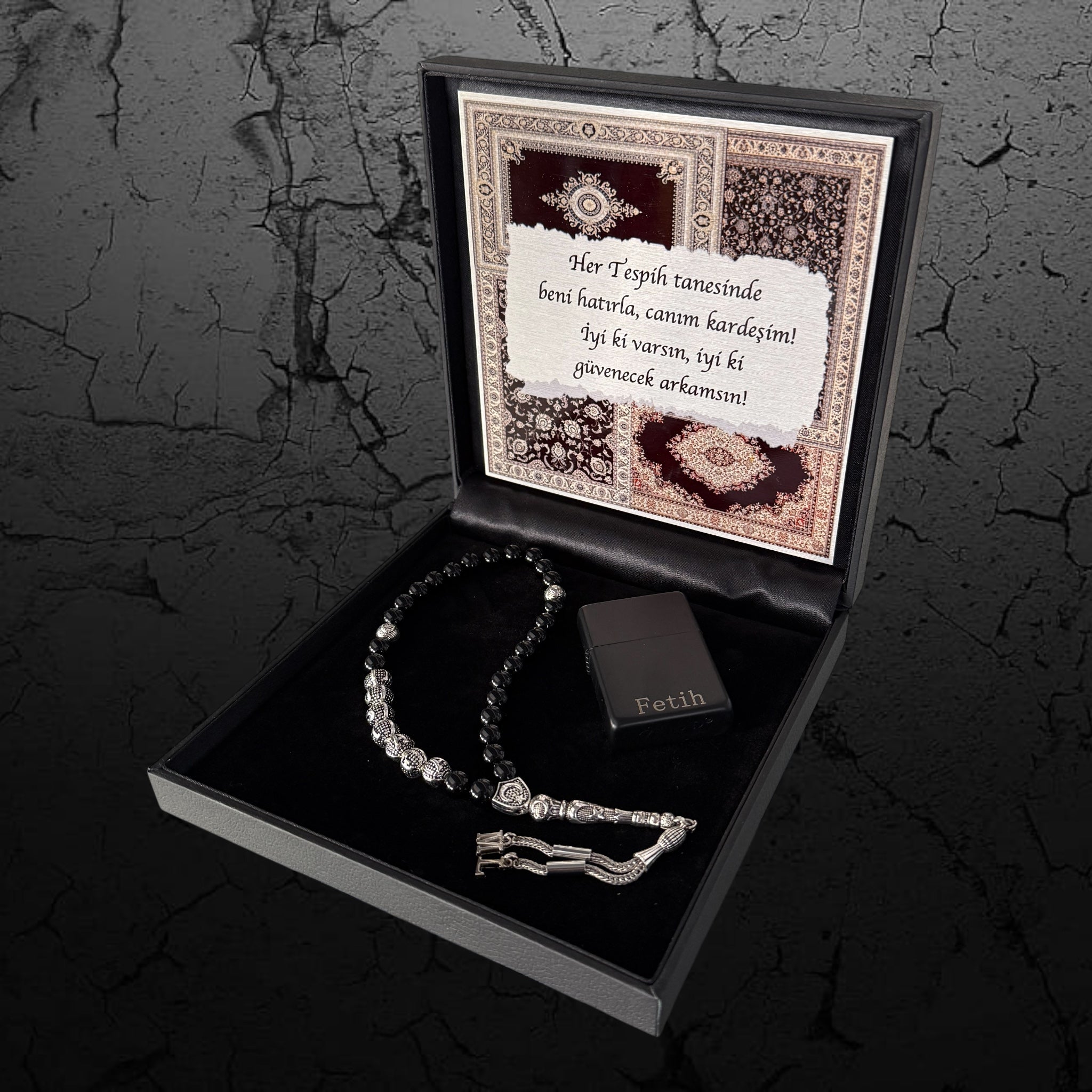 Tesbih Geschenkset personalisiert mit Namensgravur und Feuerzeug in hochwertiger Box