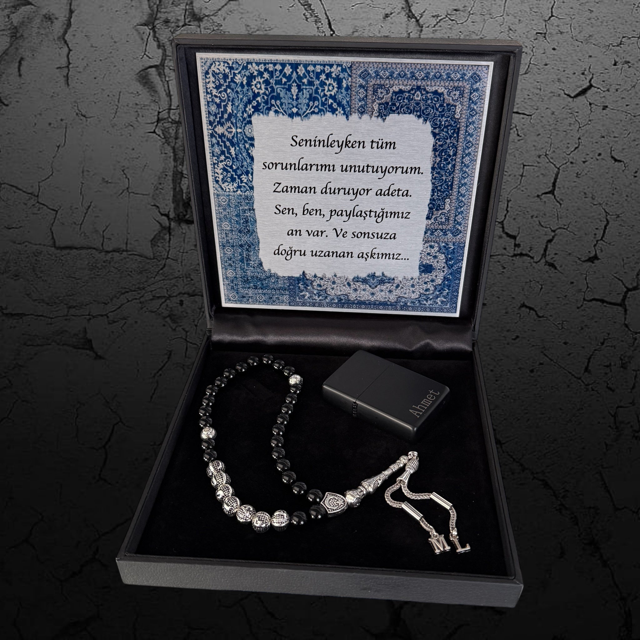 Tesbih Geschenkset mit Namen, graviertem Feuerzeug und personalisierter Box