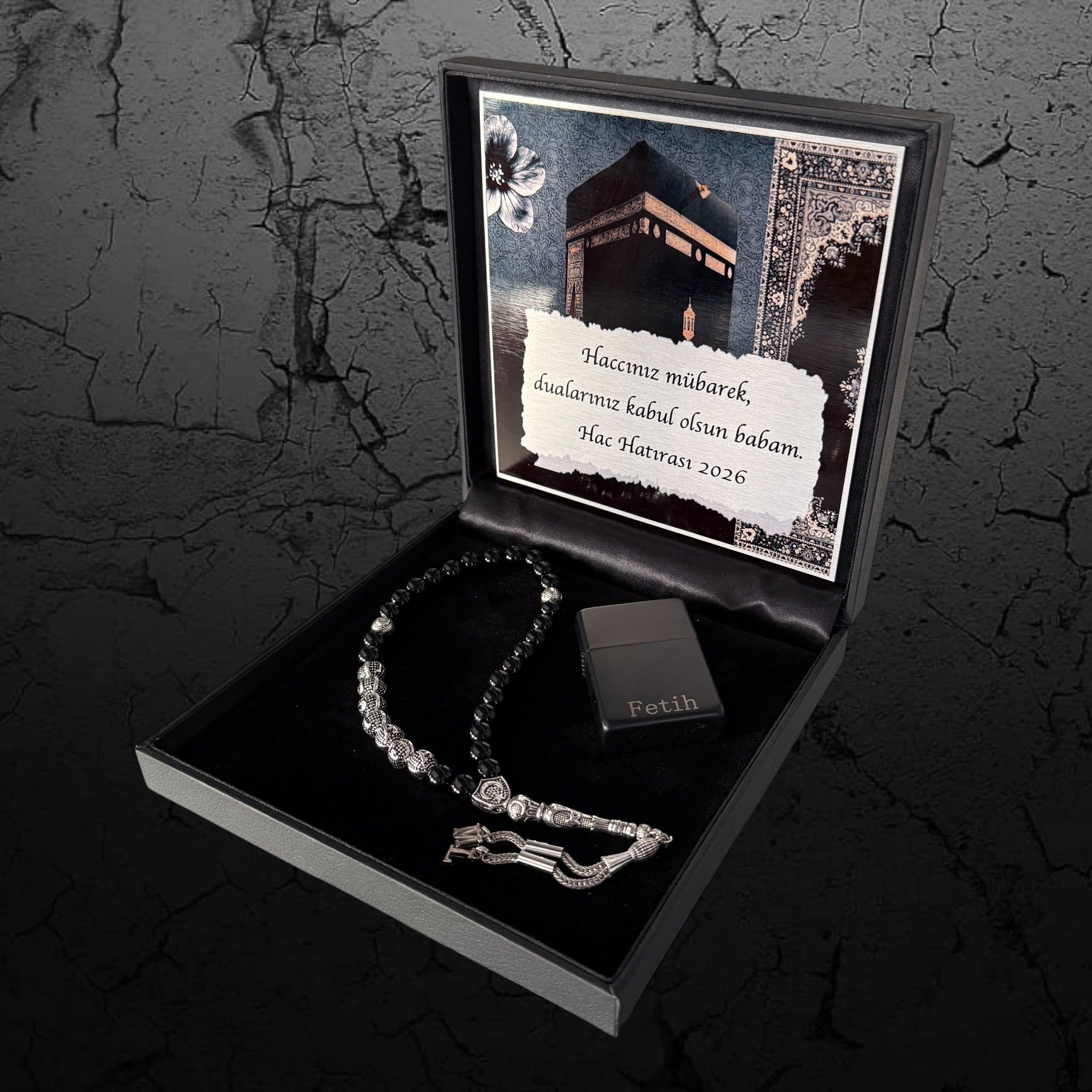 Personalisiertes Tesbih Set mit Naturstein Perlen und graviertem Feuerzeug