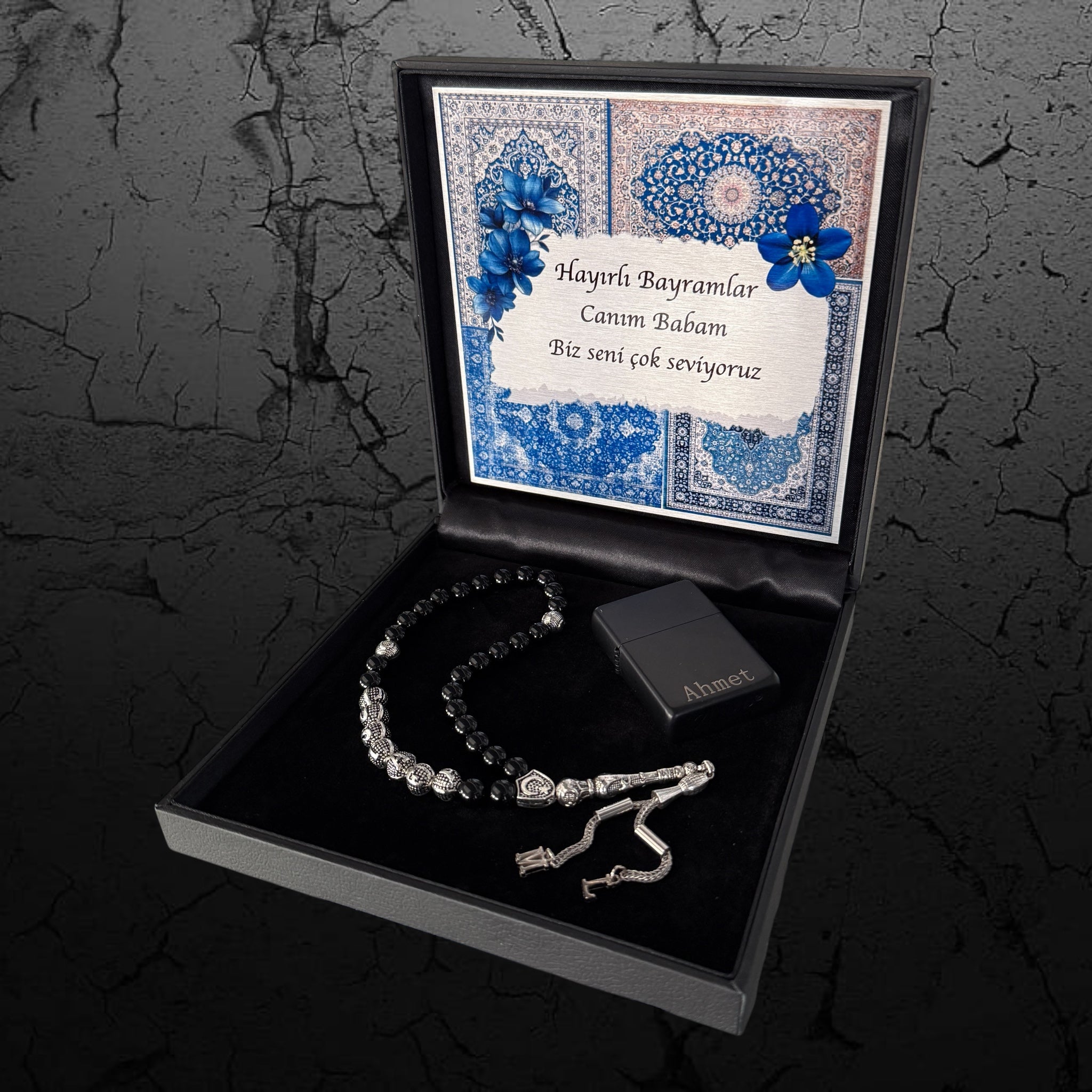 Tesbih Set mit Gravur Name und Feuerzeug in eleganter schwarzer Box
