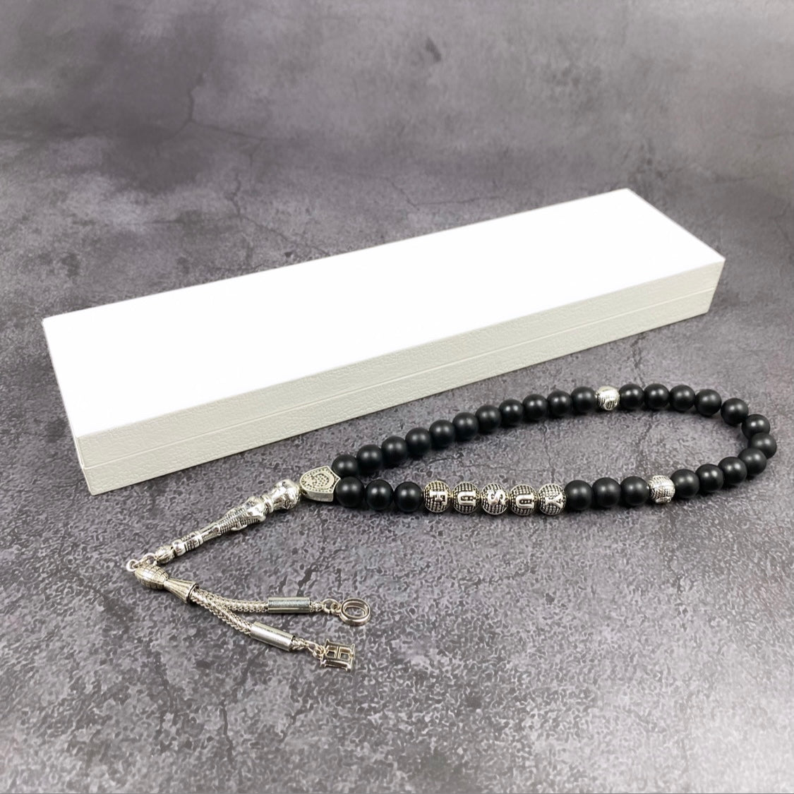 Tesbih mit Namen Weiss Black OLD Box personalisiert