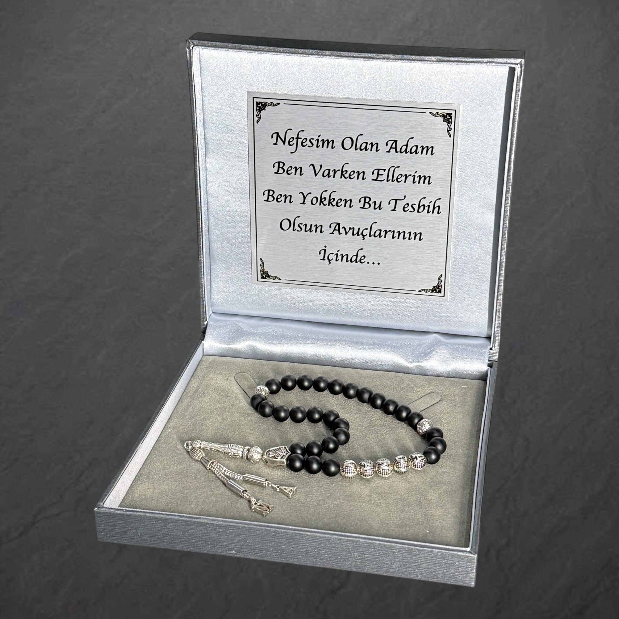 Tesbih mit Namen & 4 eckige Grau Box mit Wunschtext