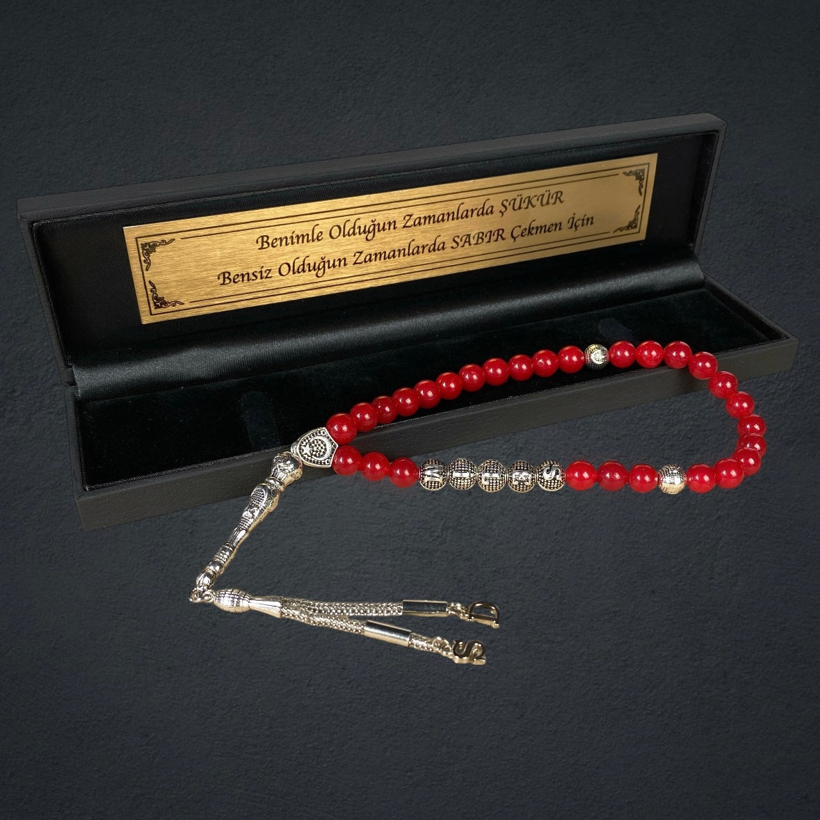 Tesbih mit Namen Black OLD Box mit Wunschtext Rot Jade Perlen
