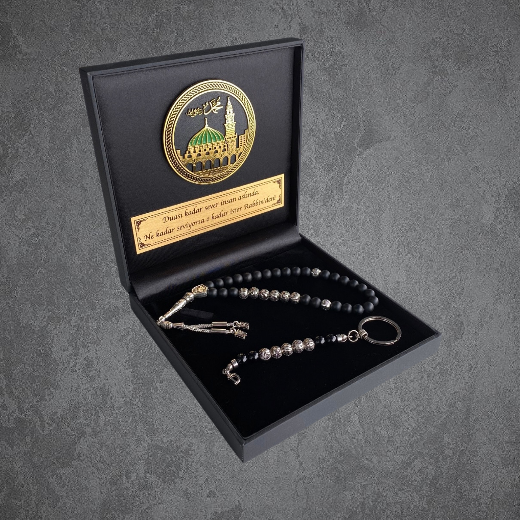 Tesbih mit Namen und Geschenkbox personalisiert mit einem Wunschtext Geschenk etui islamische geschenke perlenkette männerschmuck Kehribar tesbih Feuerzug mit Namen personalisiert Mekka mekke ayet el kürsi islamische geschenk box 