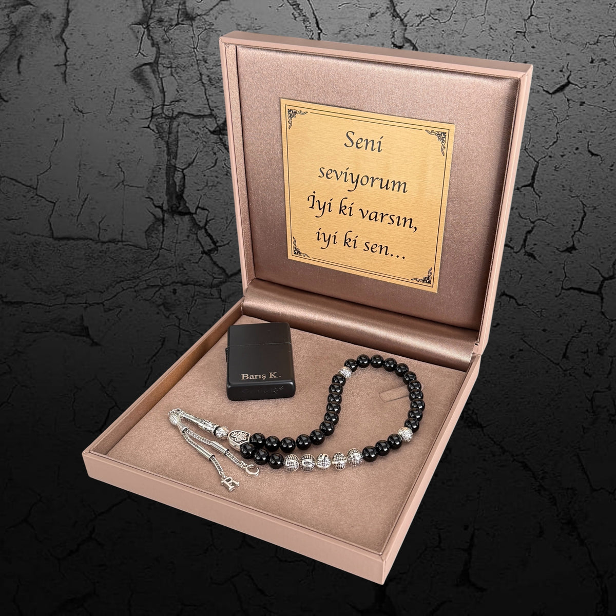 Tesbih mit Namen & Feuerzeug Geschenkbox & Wunschtext | Hell Braune Box