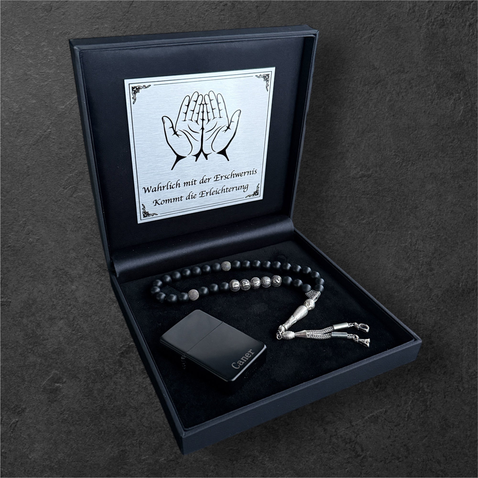 Tesbih mit Namen & Feuerzeug BLACK Box Gebet Logo