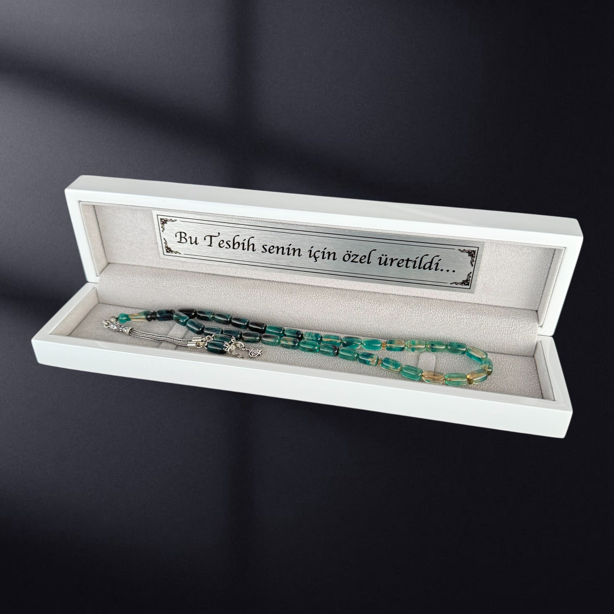 SIKMA Kehribar Tesbih 1 Buchstaben & Logo mit Holzbox weiss Hochglanz LIMITED Edition