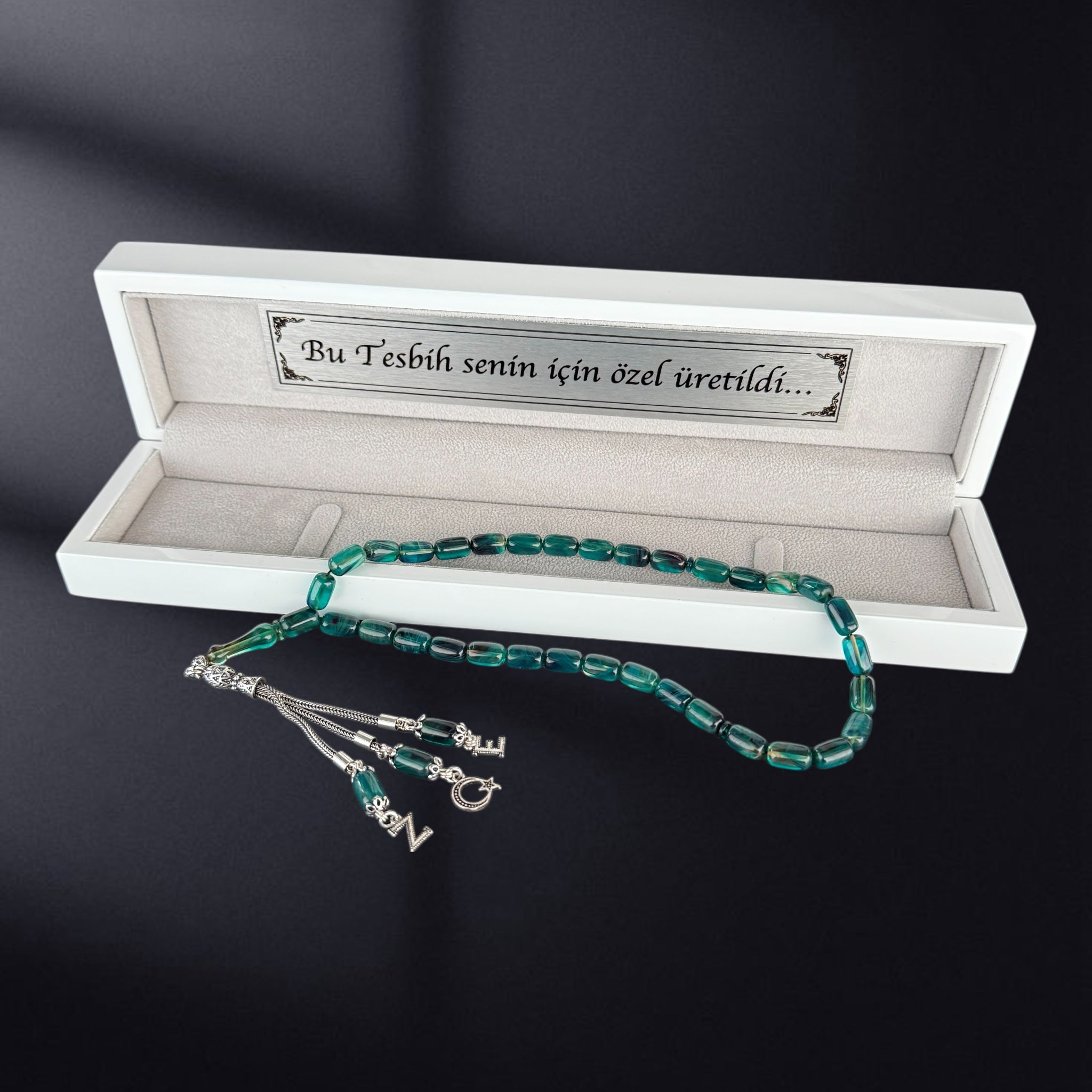 SIKMA Kehribar Tesbih 2 Buchstaben & Logo mit Holzbox weiss Hochglanz LIMITED Edition