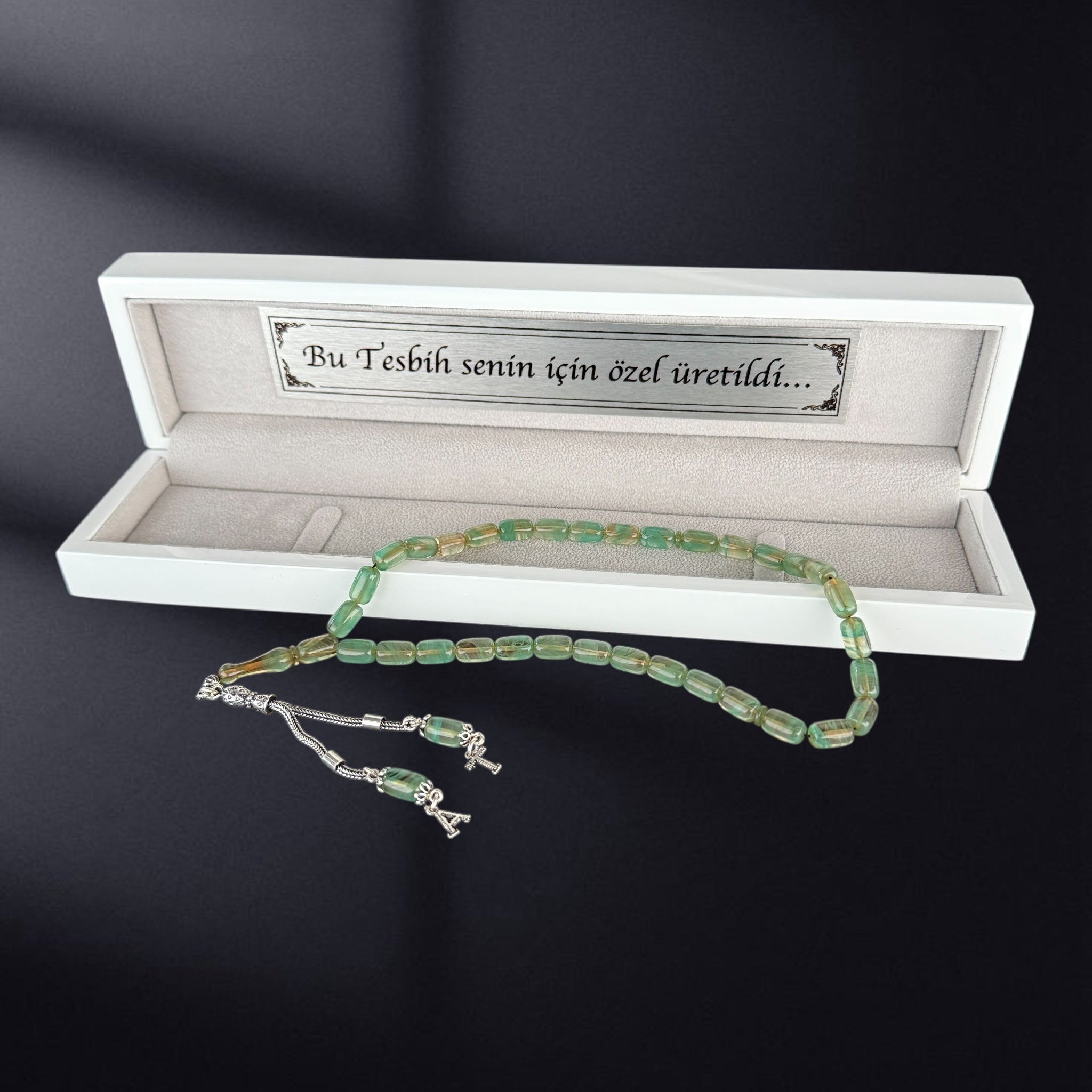 SIKMA Kehribar Tesbih 2 Buchstaben mit Holzbox weiss Hochglanz LIMITED Edition