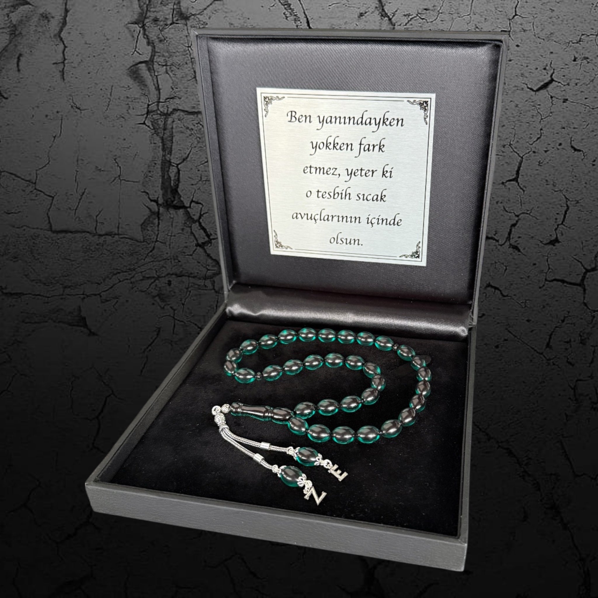 Kehribar Tesbih Sıkma Beyzi Türkis 2 Buchstaben 925 Silber