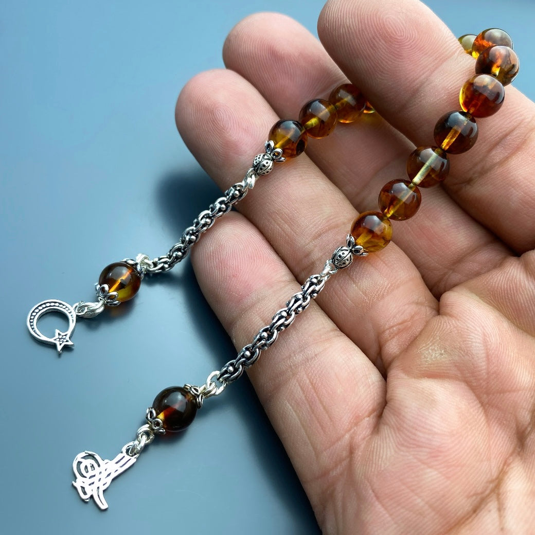 Kehribar Zaza Braun Türk / Osmanli Logo Tesbih 925 Silber