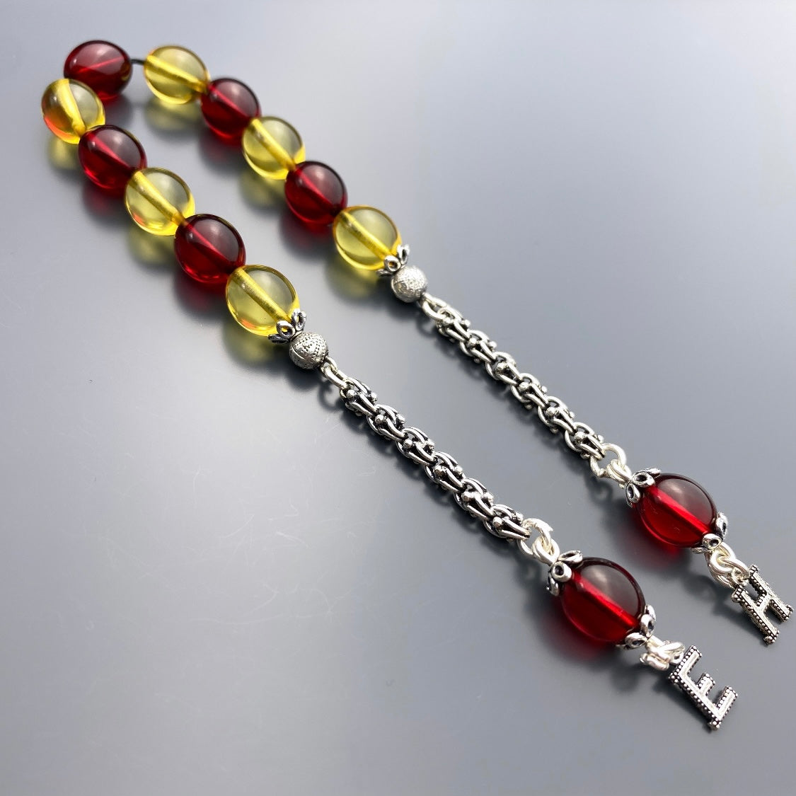 Kehribar Zaza Gelb-Rot 2 Buchstaben Tesbih 925 Silber