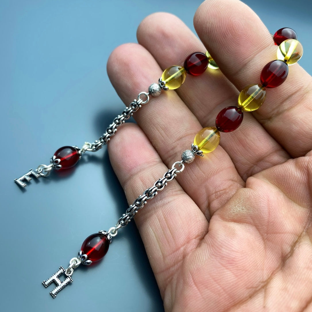 Kehribar Zaza Gelb-Rot 2 Buchstaben Tesbih 925 Silber