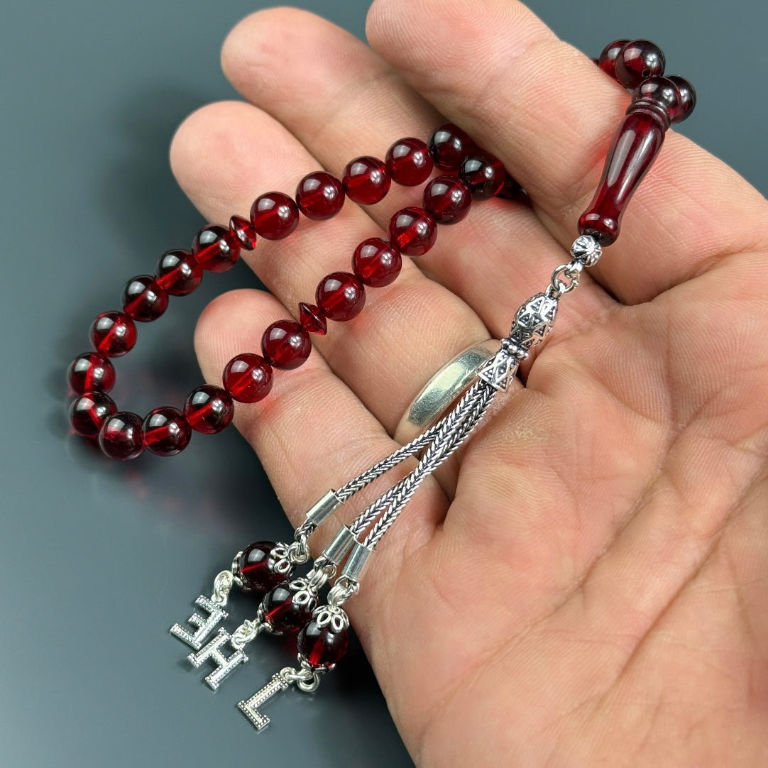 Kehribar Damla Tesbih Rot Misket – 3 Buchstaben 925 Silber