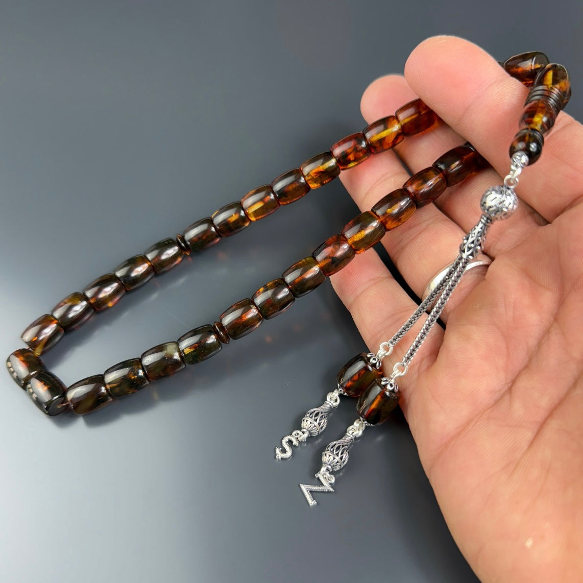 Kehribar Damla Tesbih Braun – 2 Buchstaben 925 Silber BÜYÜK BOY