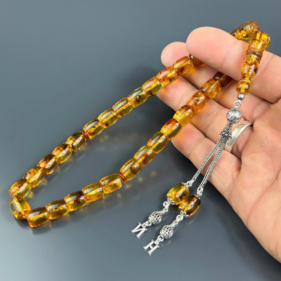 Kehribar Damla Tesbih Gelb – 2 Buchstaben 925 Silber BÜYÜK BOY