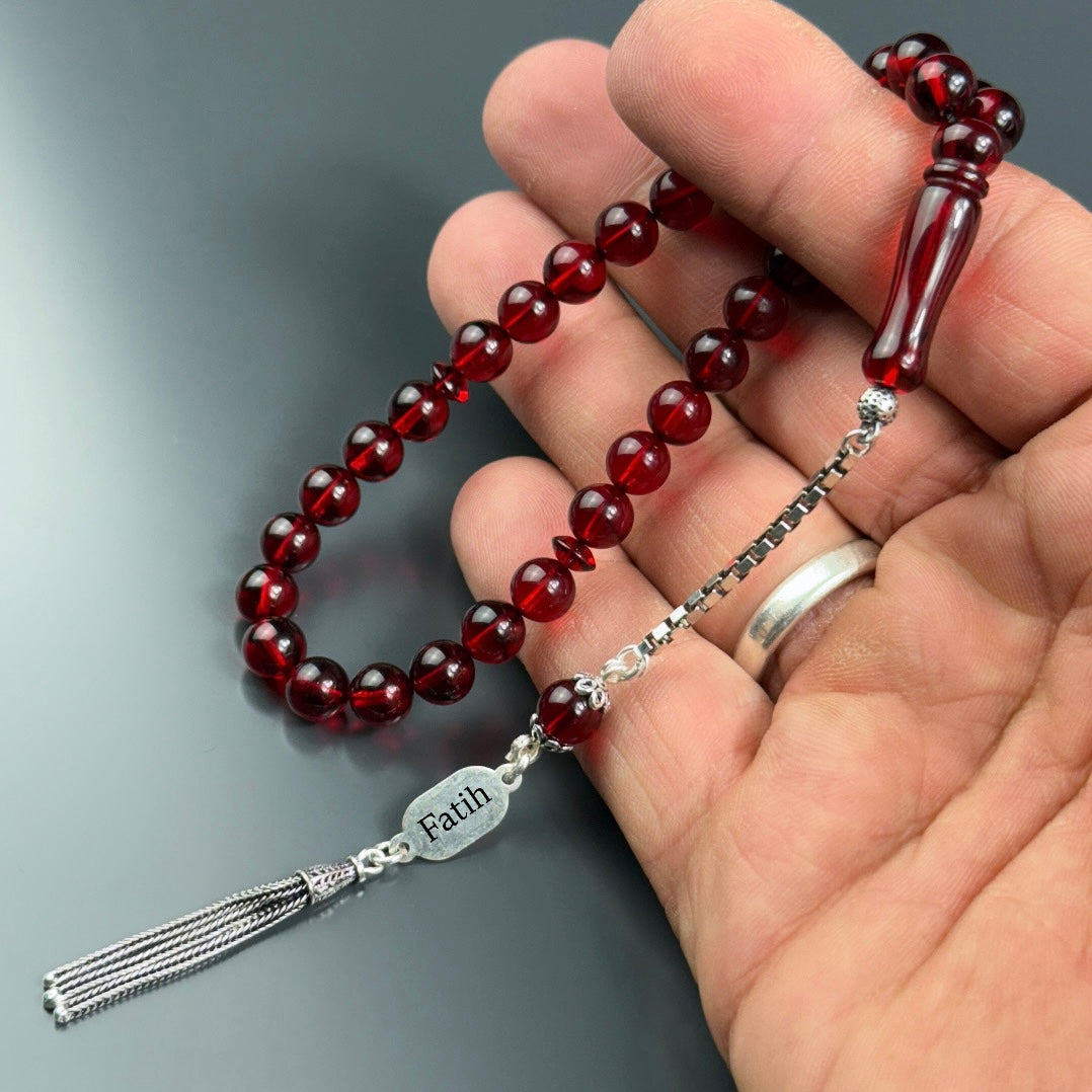Kehribar Damla Tesbih Rot Misket – Gravur Name 925 Silber