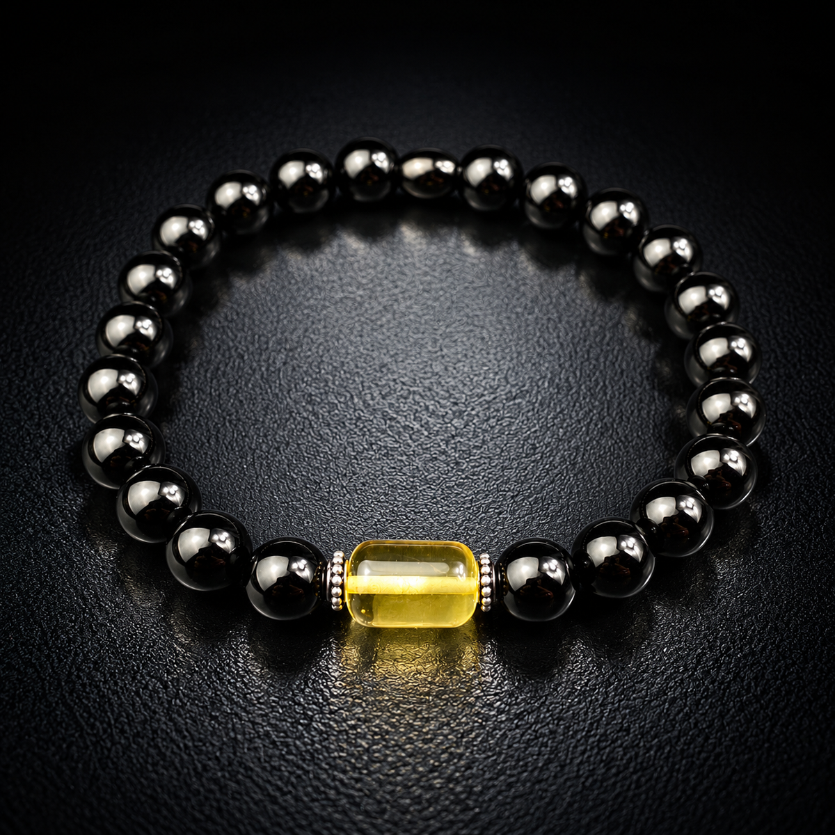 Kehribar Armband aus echtem honiggelbem Bernstein und schwarzem Onyx mit zwei Ringen aus 925 Silber – Modell 002 von Sani Tesbih.