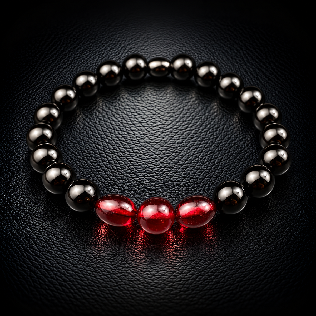 Rotes Kehribar Armband für Herren aus echtem Bernstein mit schwarzen Onyx-Perlen – Modell Nr. 017 von Sani Tesbih.