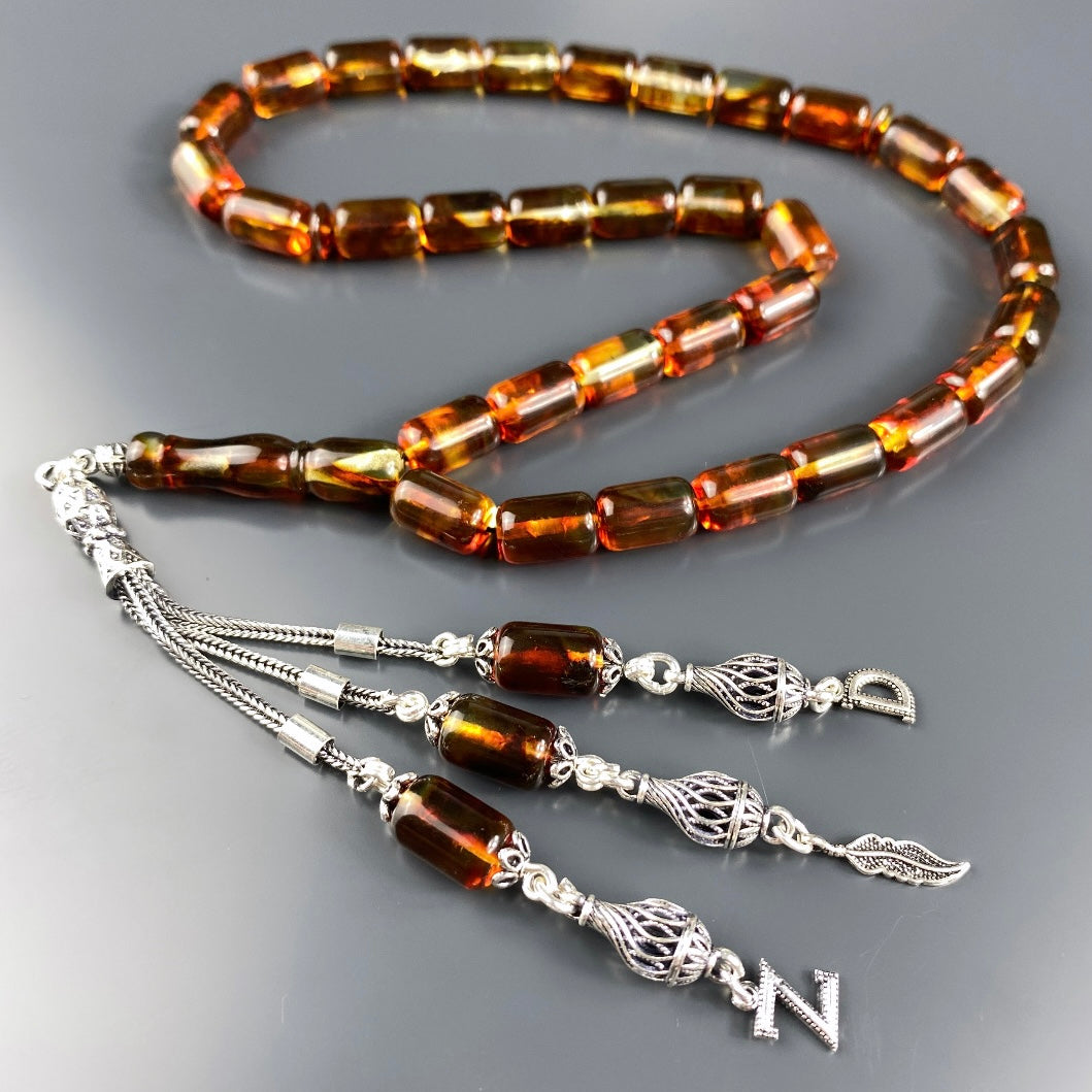 Kehribar / Bernstein Tesbih 2 Buchstaben & Logo – Braun, 925 Silber