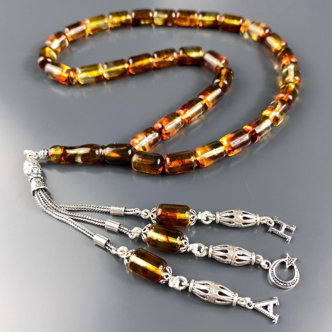 Kehribar / Bernstein Tesbih 2 Buchstaben & Logo – Braun, 925 Silber