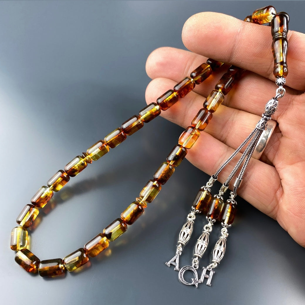 Kehribar / Bernstein Tesbih 2 Buchstaben & Logo – Braun, 925 Silber