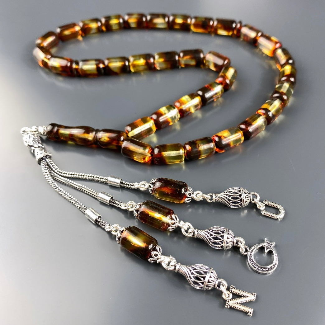 Kehribar / Bernstein Tesbih 2 Buchstaben & Logo – Braun, 925 Silber