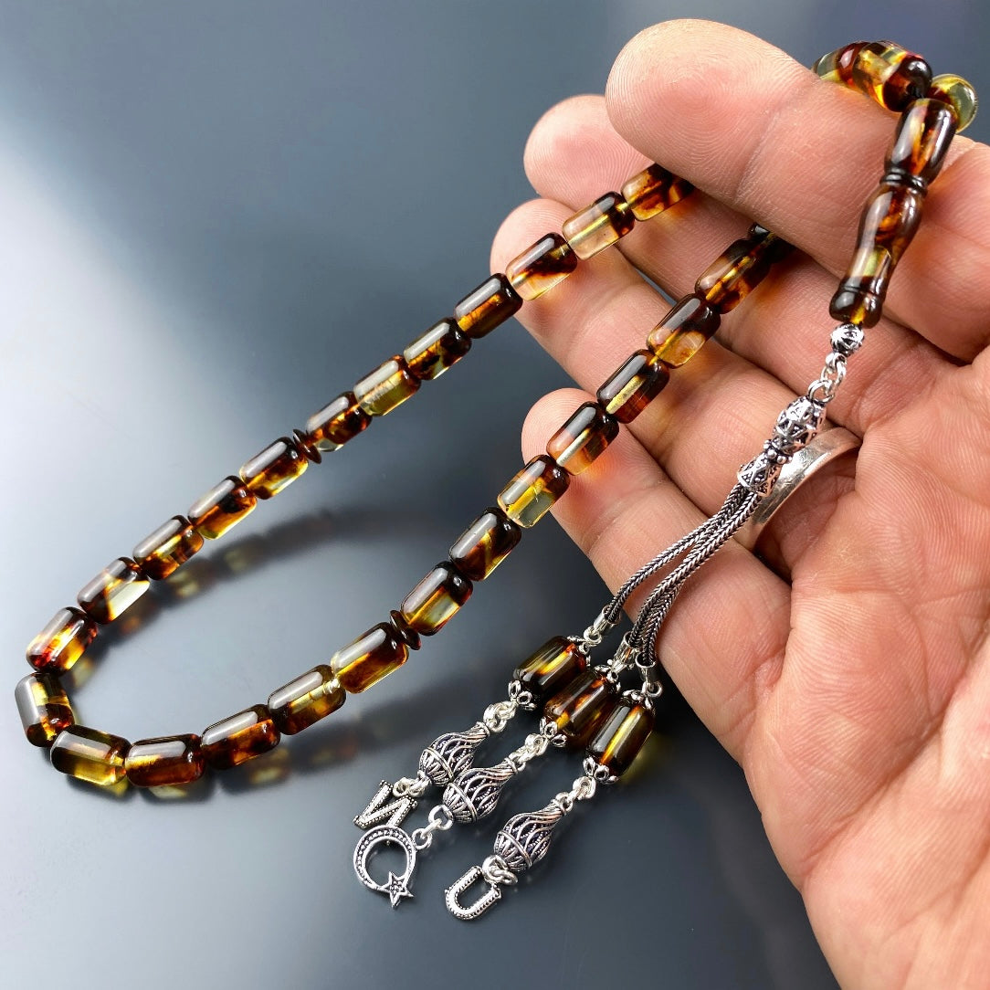 Kehribar / Bernstein Tesbih 2 Buchstaben & Logo – Braun, 925 Silber