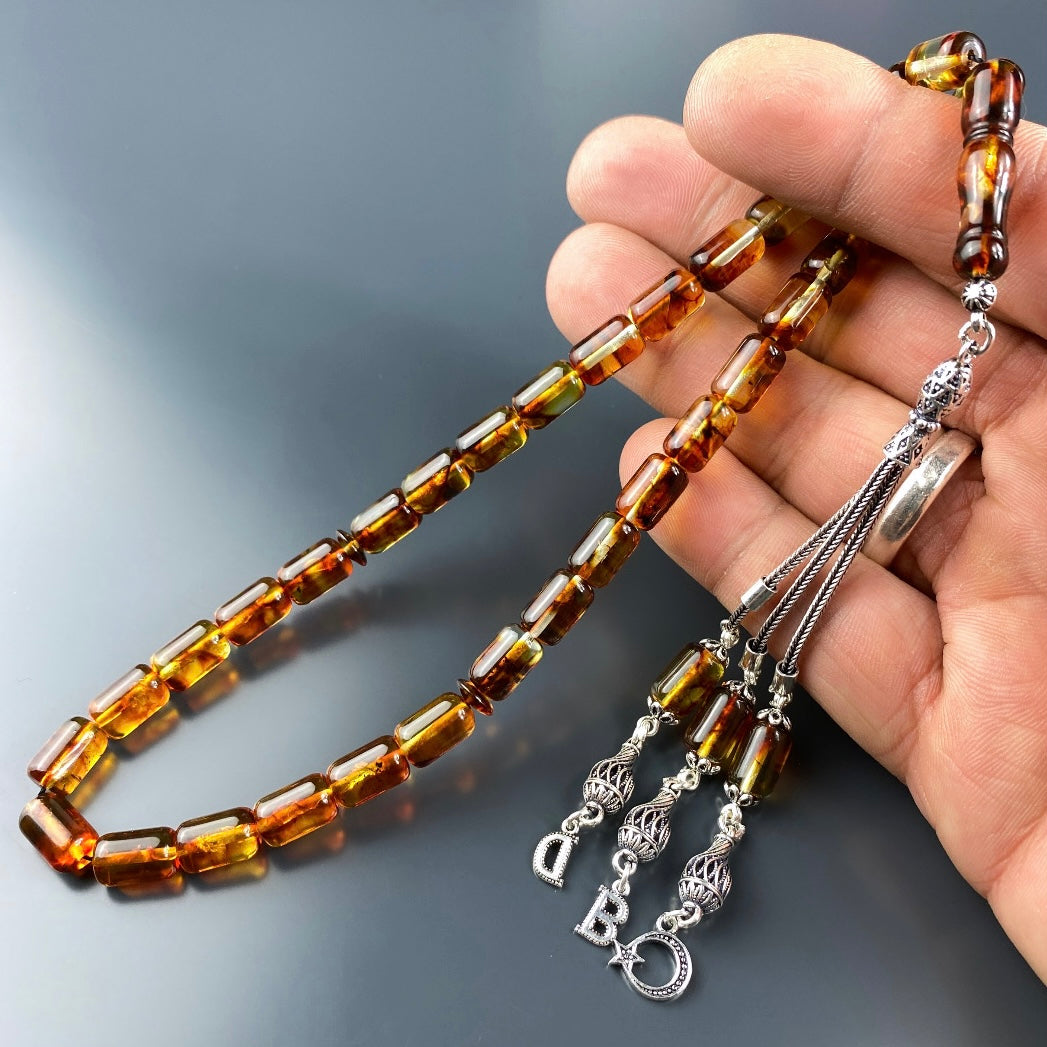 Kehribar / Bernstein Tesbih 2 Buchstaben & Logo – Braun, 925 Silber