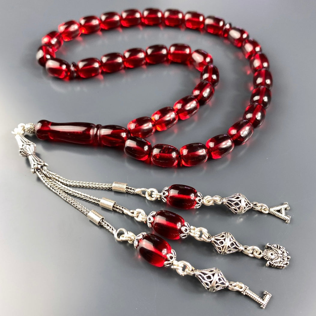 Kehribar / Bernstein Tesbih 2 Buchstaben & Logo – Rot, 925 Silber