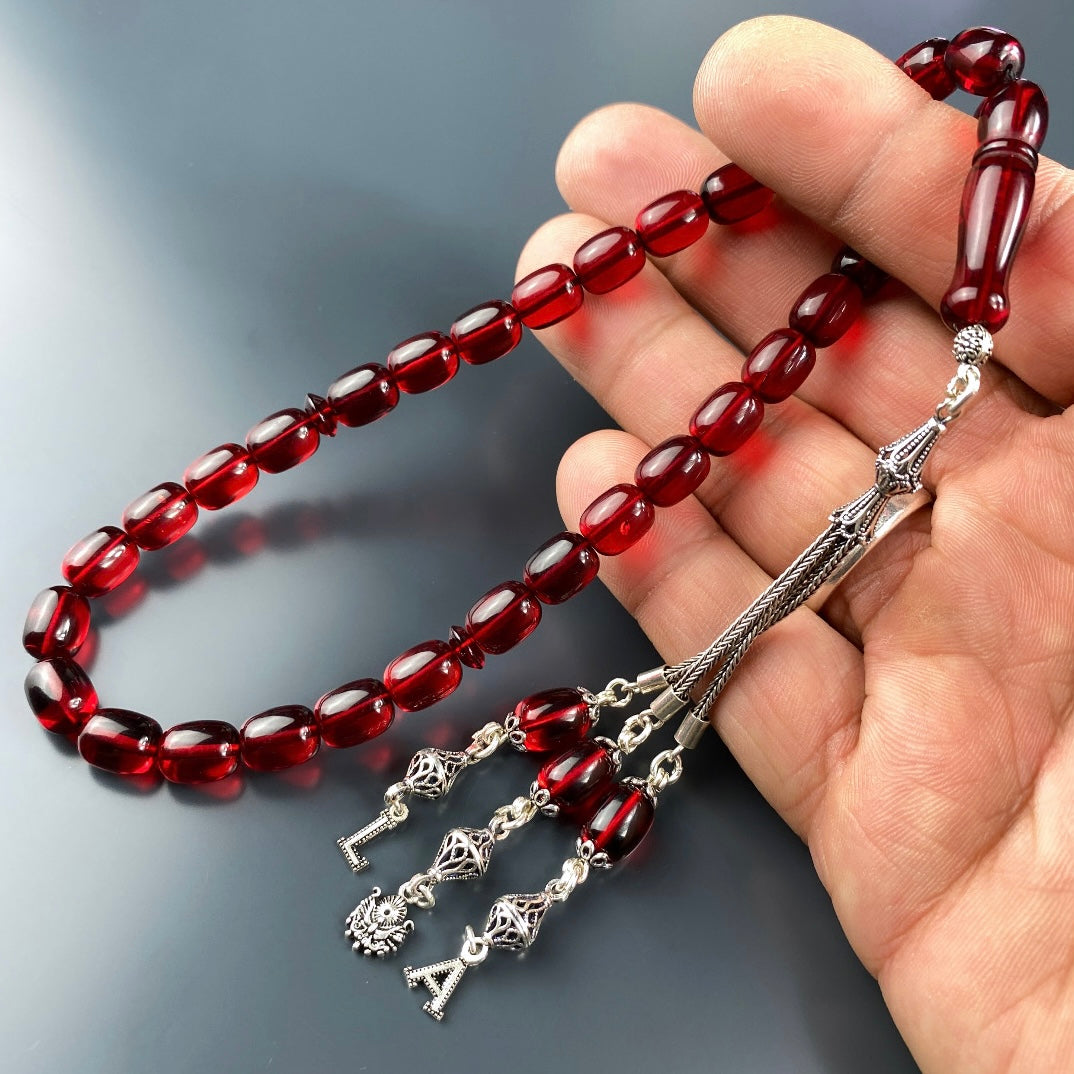 Kehribar / Bernstein Tesbih 2 Buchstaben & Logo – Rot, 925 Silber