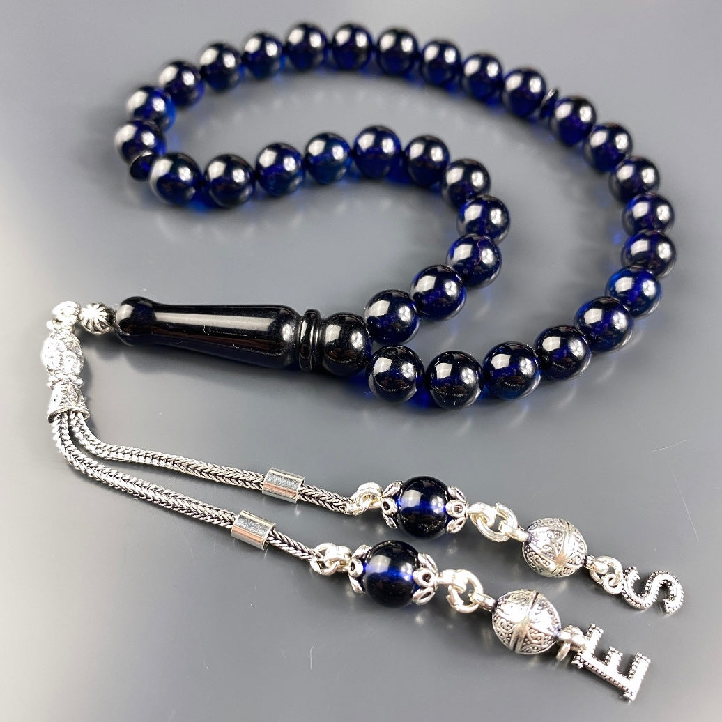 Kehribar-tesbih-blau-rund-silber