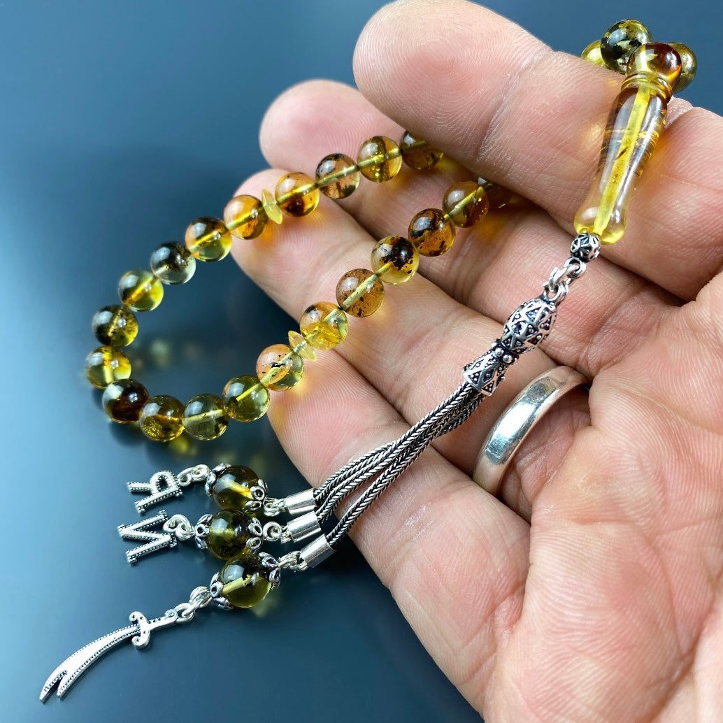 Kehribar / Bernstein Tesbih 2 Buchstaben & Zülfikar Logo – Gelb, 925 Silber