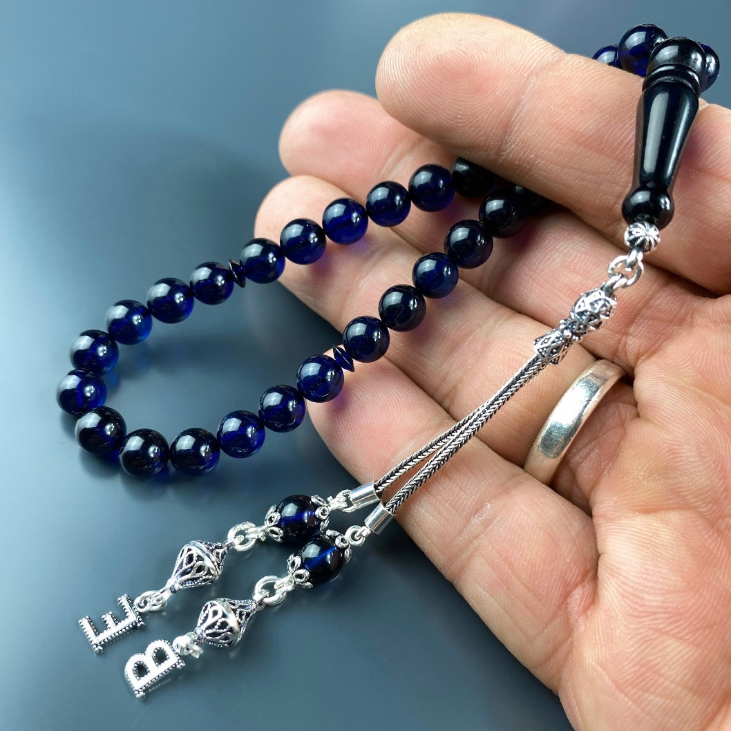 Kehribar / Bernstein Tesbih 2 Buchstaben – Blau, 925 Silber