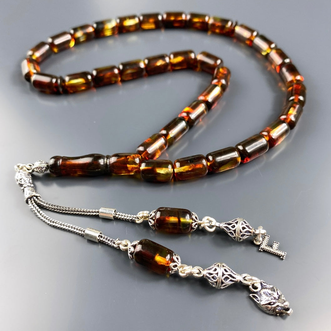 Kehribar / Bernstein Tesbih 1 Buchstaben & Wolf Logo – Braun, 925 Silber