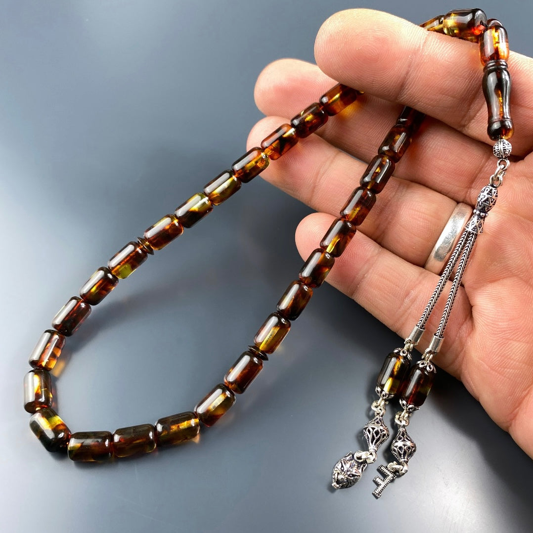 Kehribar / Bernstein Tesbih 1 Buchstaben & Wolf Logo – Braun, 925 Silber