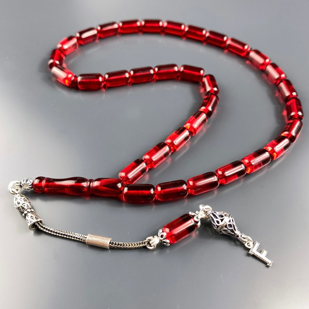 Kehribar / Bernstein Tesbih 1 Buchstaben – Rot, 925 Silber