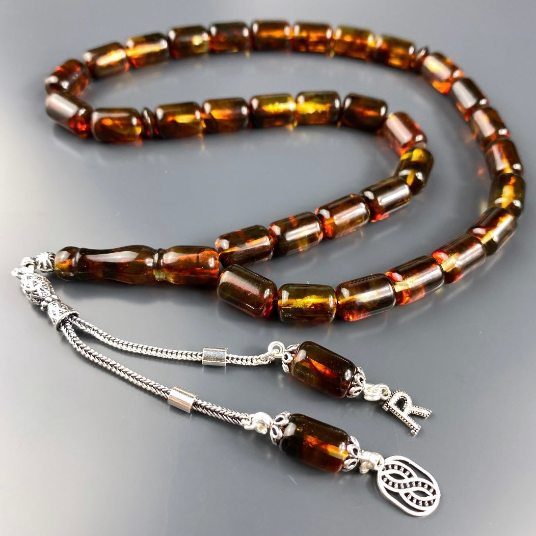 Kehribar / Bernstein Tesbih 1 Buchstaben & Sonsuzluk Logo – Braun, 925 Silber