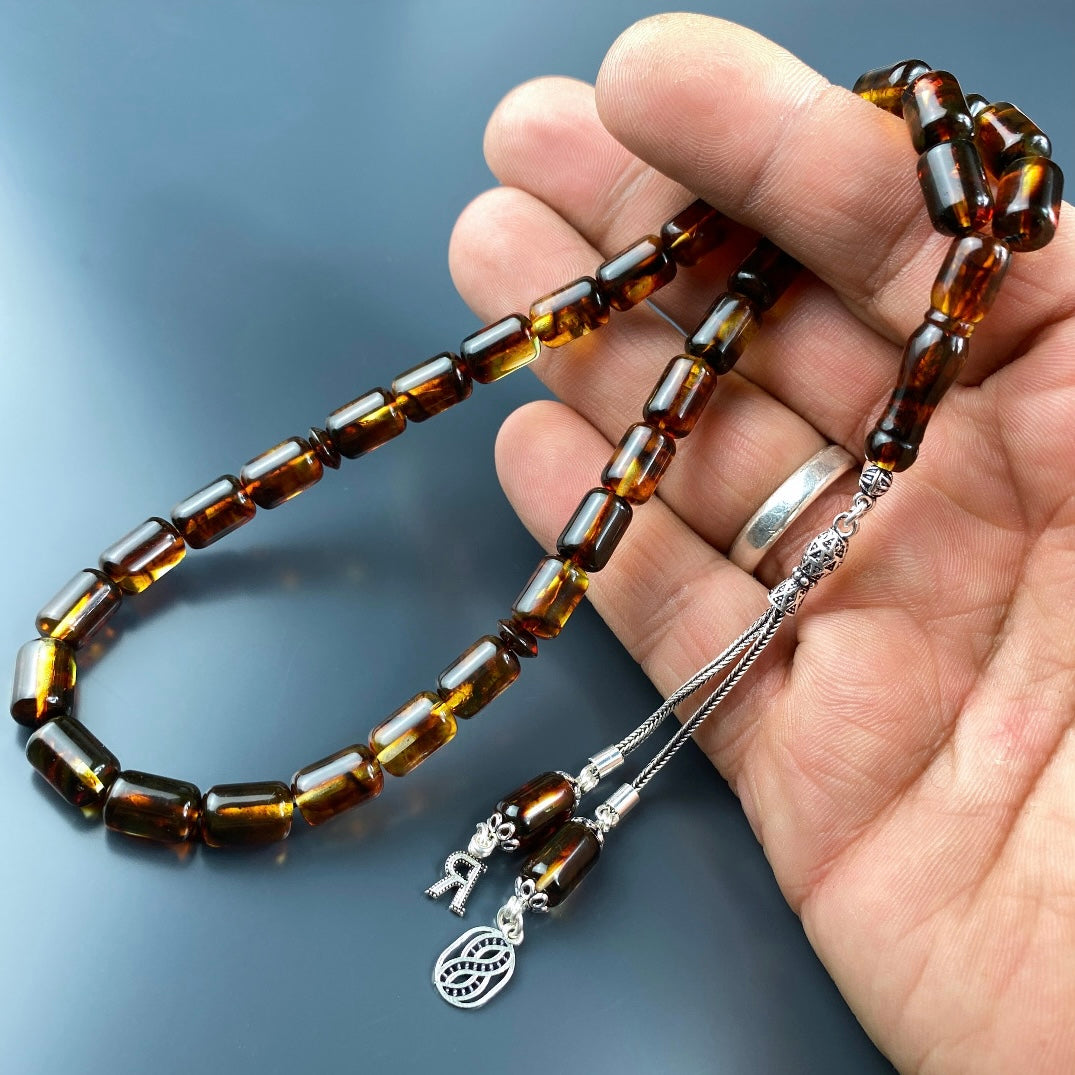 Kehribar / Bernstein Tesbih 1 Buchstaben & Sonsuzluk Logo – Braun, 925 Silber