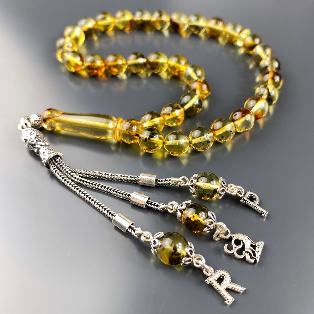 Kehribar / Bernstein Tesbih 2 Buchstaben & Kurt Logo – Gelb, 925 Silber