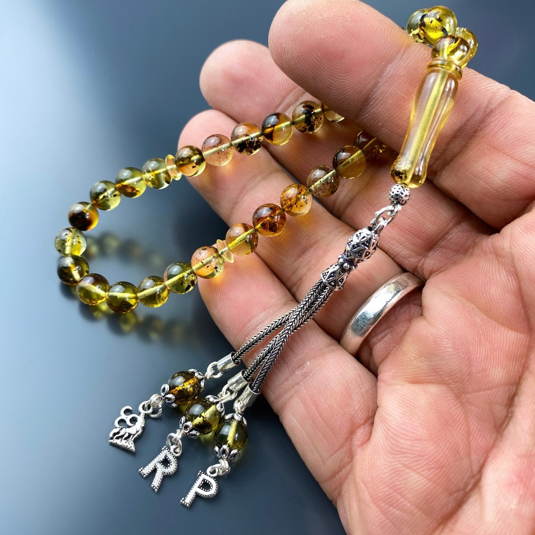 Kehribar / Bernstein Tesbih 2 Buchstaben & Kurt Logo – Gelb, 925 Silber