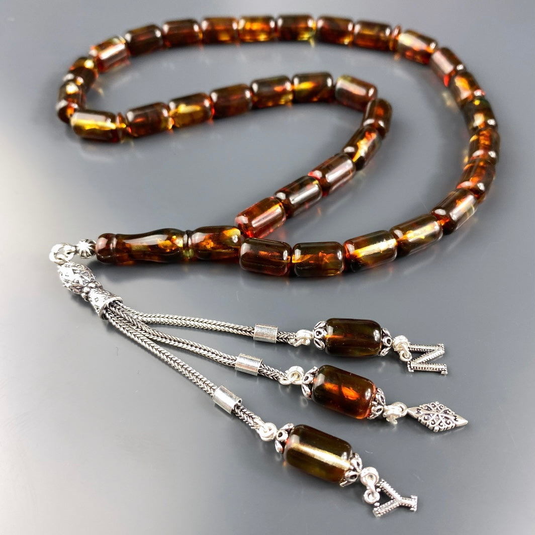 Kehribar / Bernstein Tesbih 2 Buchstaben – Braun, 925 Silber