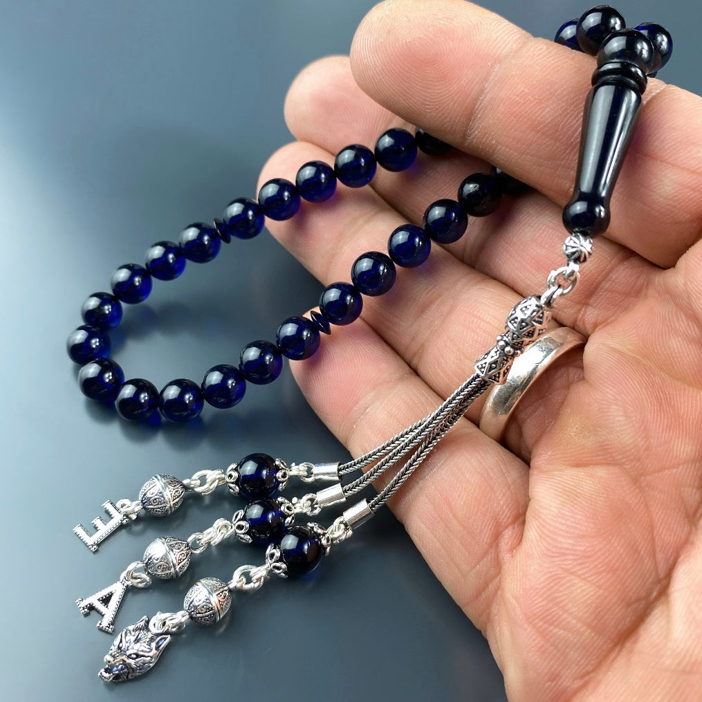 Kehribar / Bernstein Tesbih 2 Buchstaben & Kurt Logo – Blau, 925 Silber