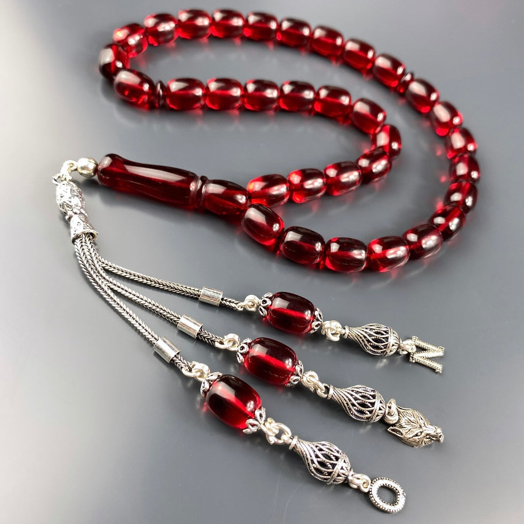 Kehribar / Bernstein Tesbih 2 Buchstaben & Kurt Logo – Rot, 925 Silber