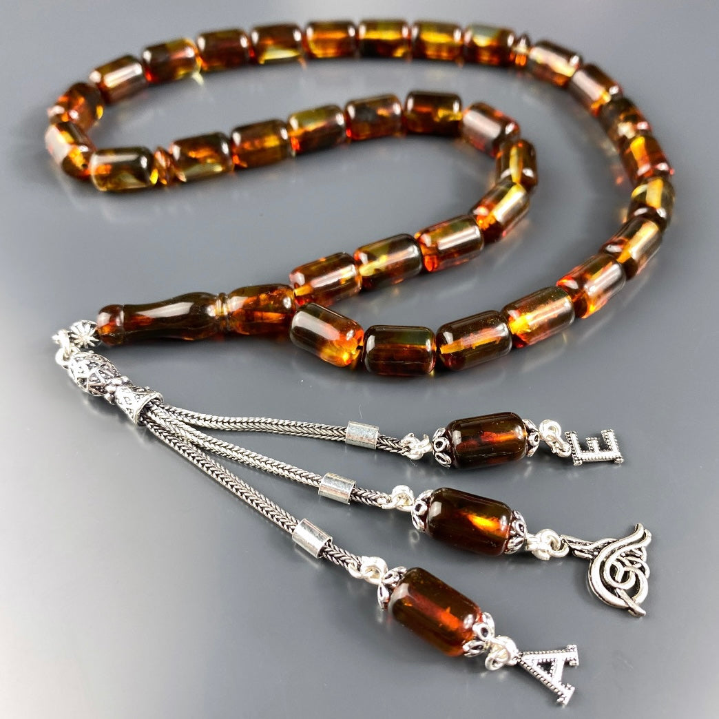 Kehribar / Bernstein Tesbih 2 Buchstaben & Tugra Logo – Braun, 925 Silber